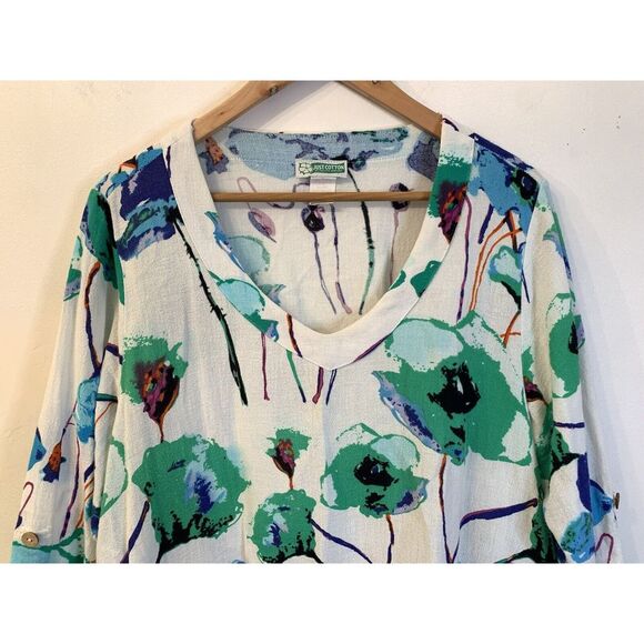 Vintage Women's Gauzy Tunic Shirt Blouse Floral Sheer XL Roll Sleeve Sheer Y2K - Picture 2 of 12